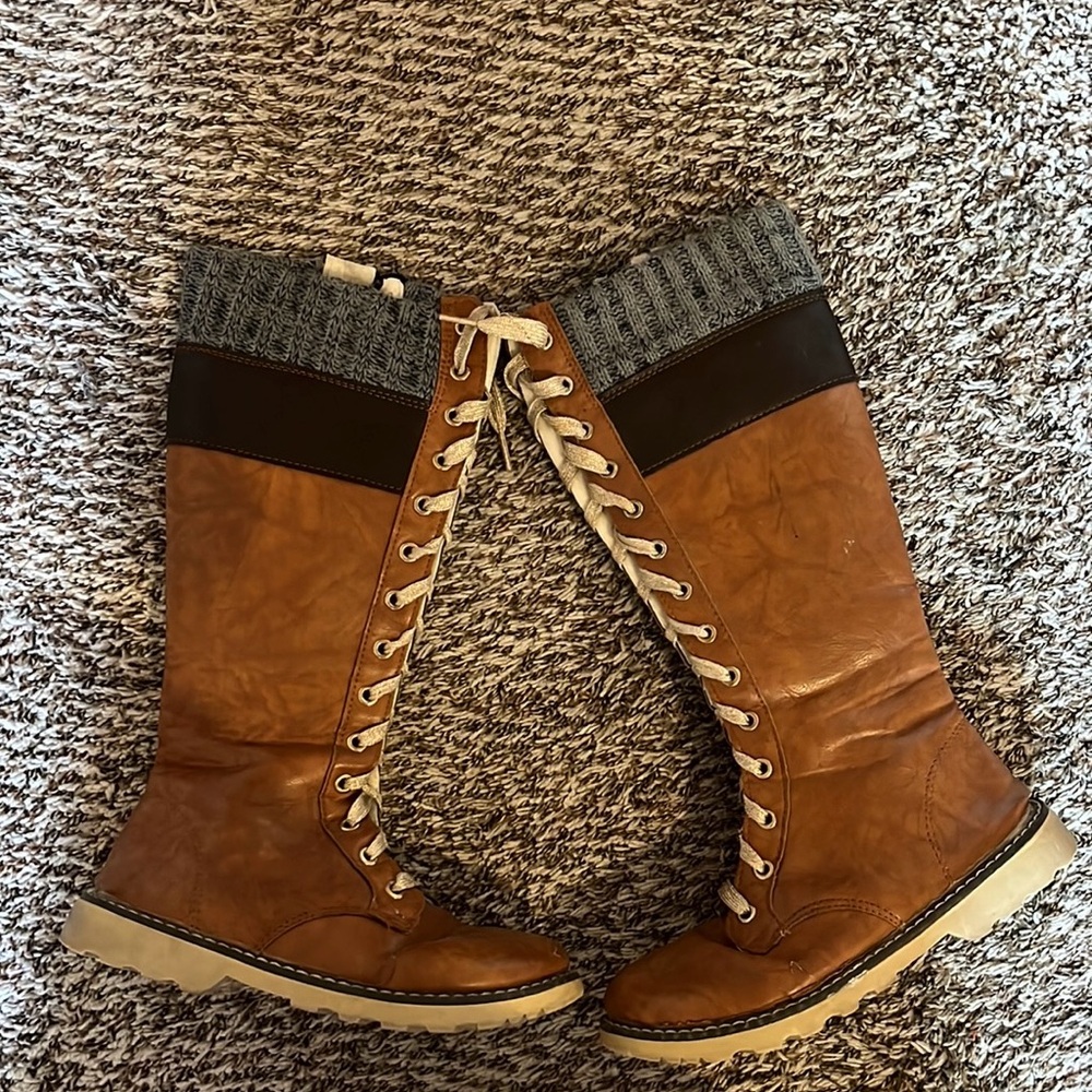 Brown and Gray Women's Lace-Up Boots
